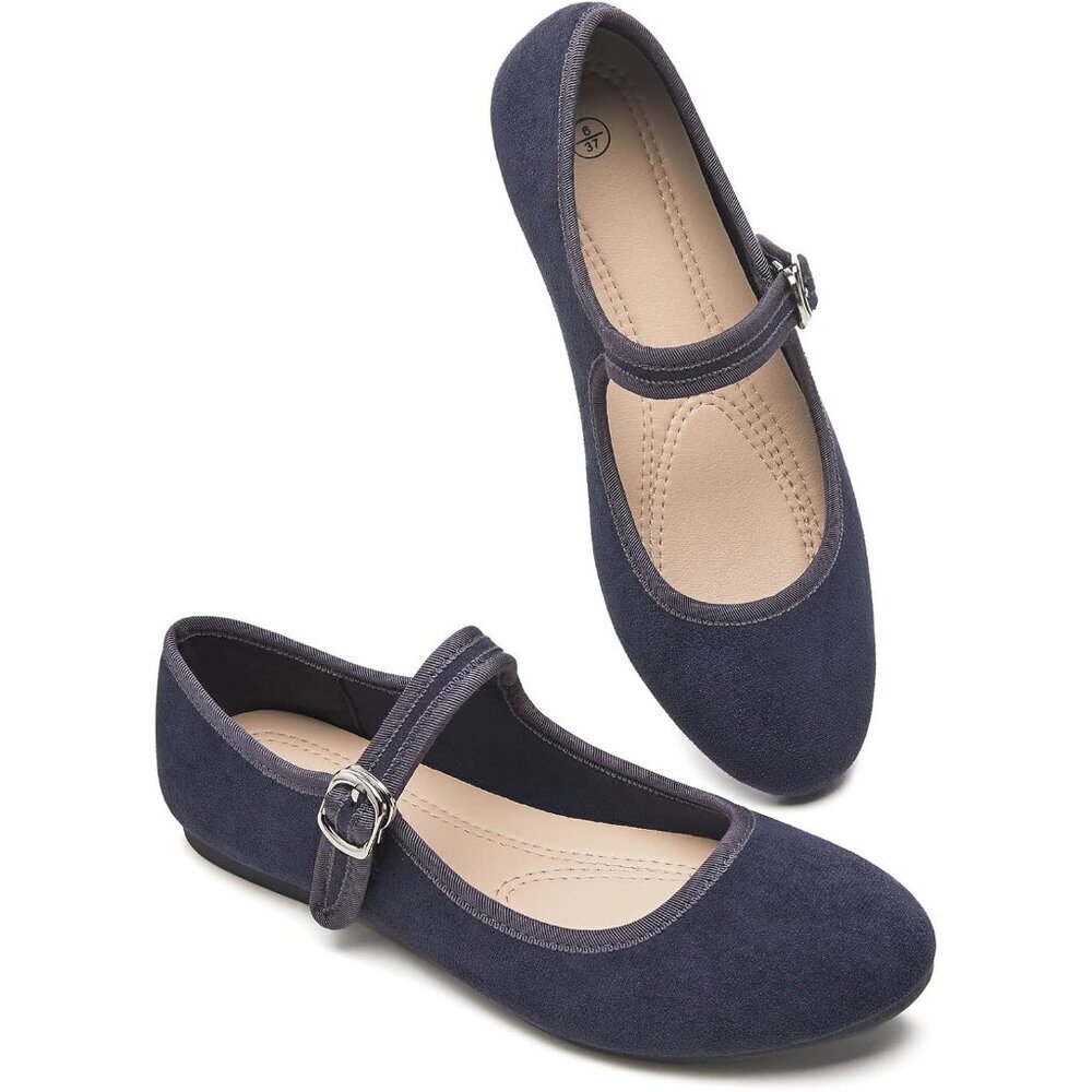 Babudog Womens Navy Faux Suede Rounded Toe Ankle Strap With Buckle Flats
